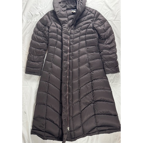Patagonia Women Down Long Puffer Coat downtown Loft chocolate Brown Sz M Hooded - Picture 6 of 16